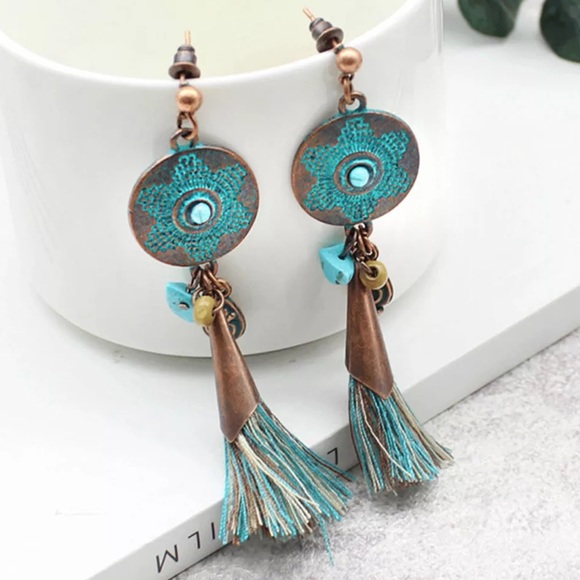 Copper Drop Ethnic Stone Tassel Earrings - Picture 4 of 8